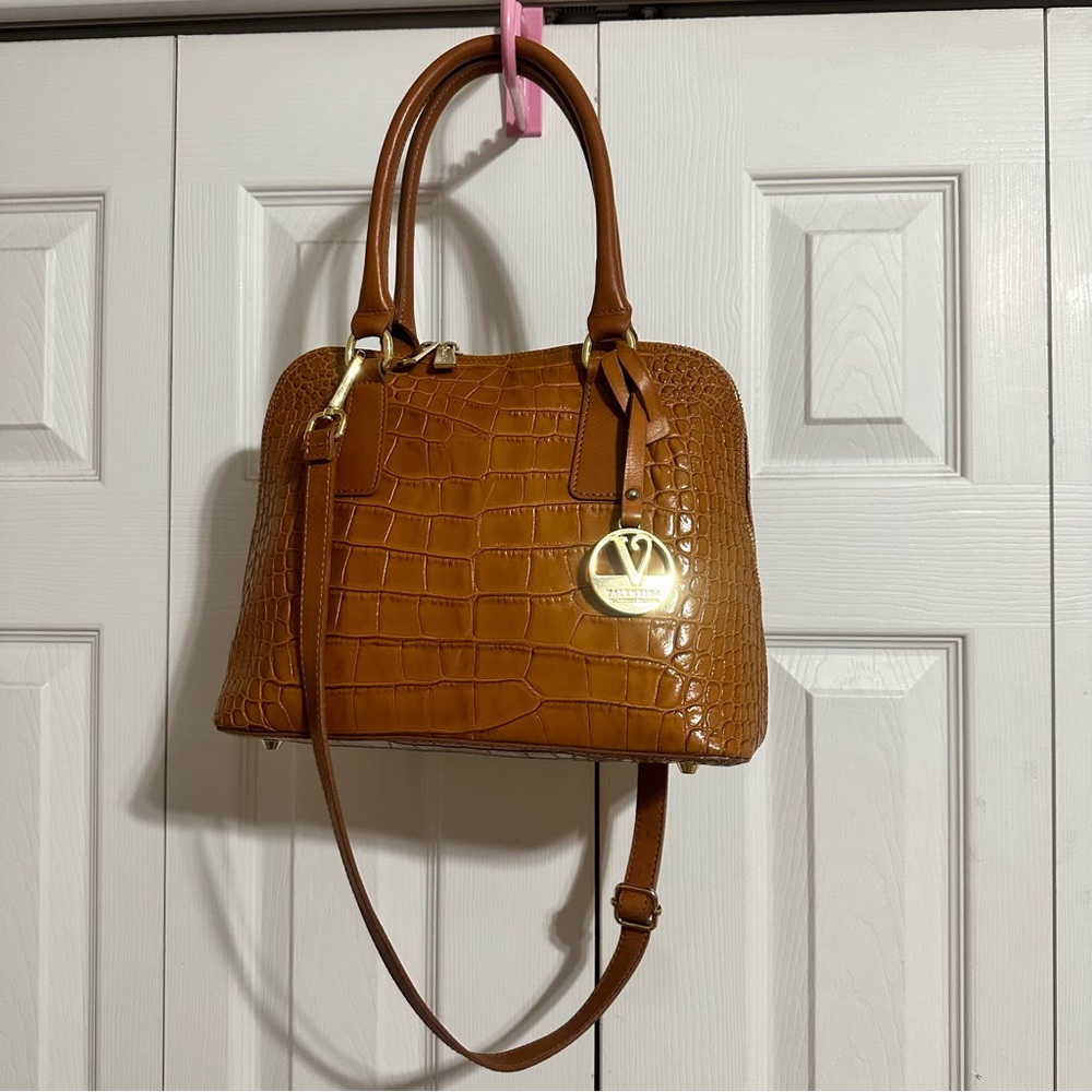 Valentina Italia light brown Croc print Leather Dome Purse with Gold hardware